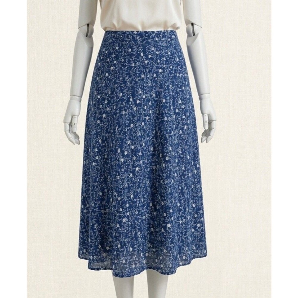 VTG 90s Y2K B. Moss Floral Skirt Women’s 4/S Blue Rayon Midi A-Line Made in USA